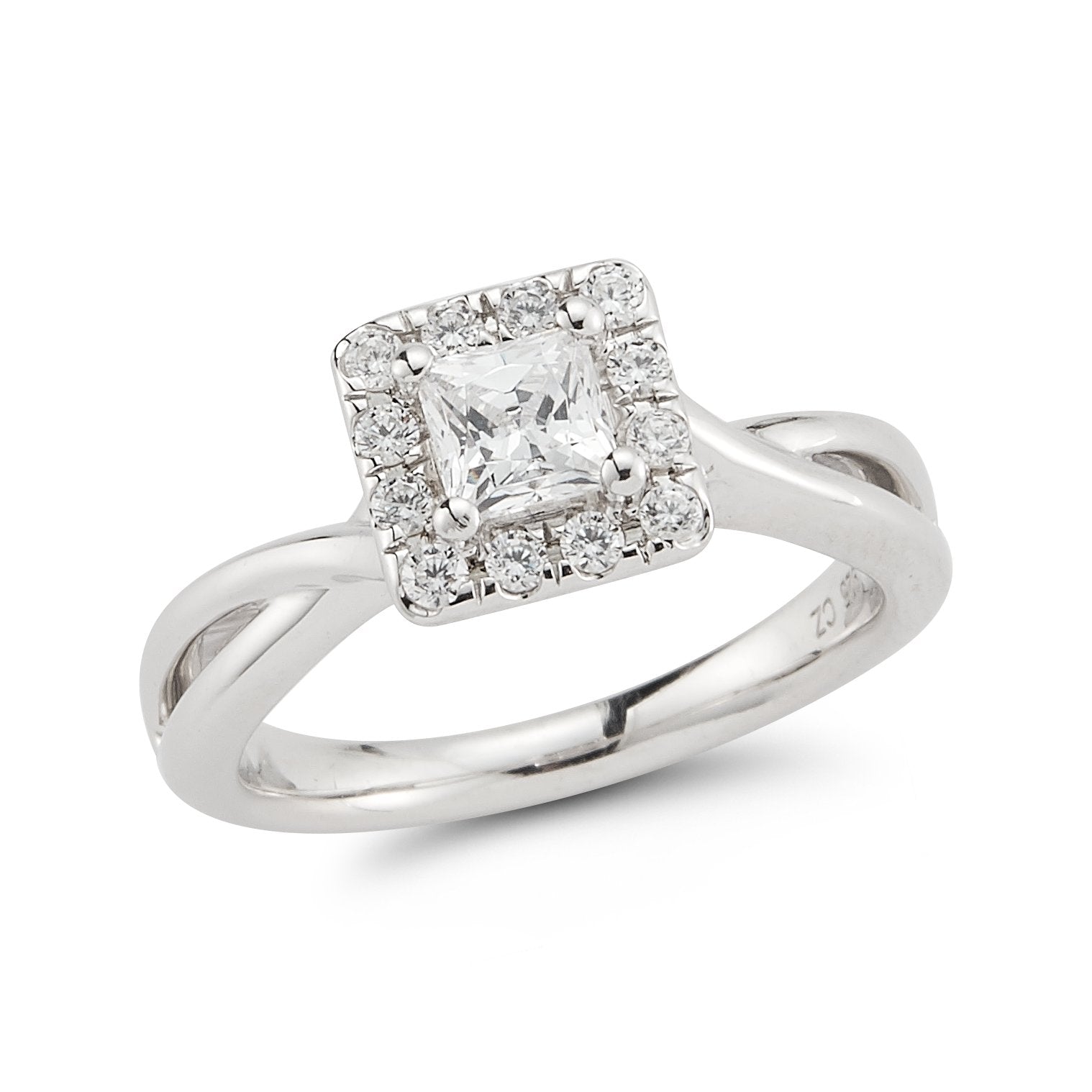 Halo Twist Plain Shank Diamond Engagement Ring made in 14k White gold-Princess