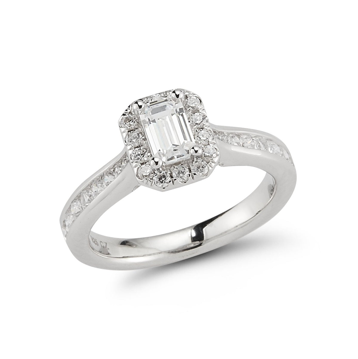 Halo Channel Shank Diamond Engagement Ring made in 14k White gold-Emerald