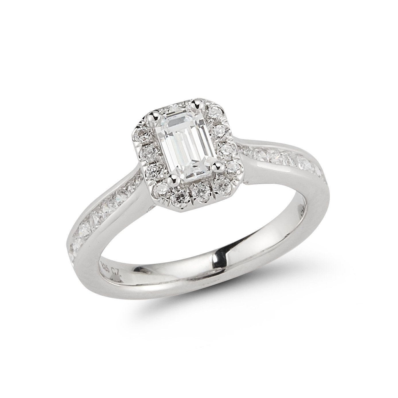 Halo Channel Shank Diamond Engagement Ring made in 14k White gold-Emerald