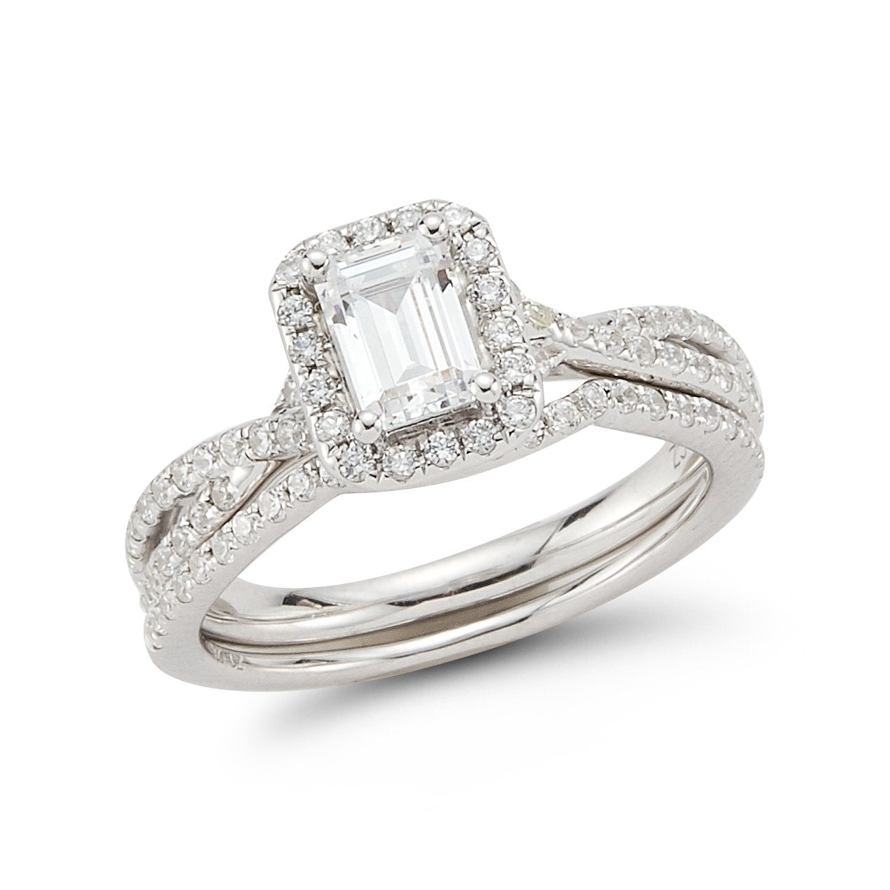 Halo Petite Twist Shank Diamond Engagement Ring with Matching Band made in 14k White gold-Emerald