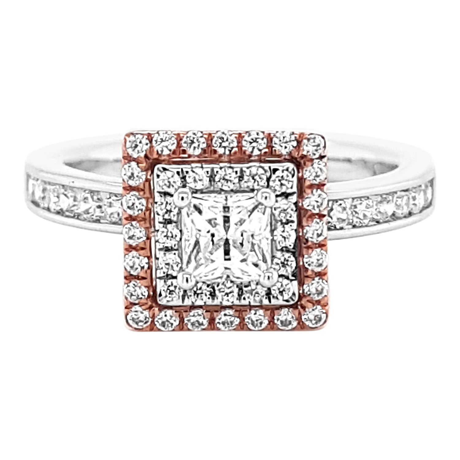 Rose Double Halo Diamond Engagement Ring made in 14k white and Rose gold-Princess