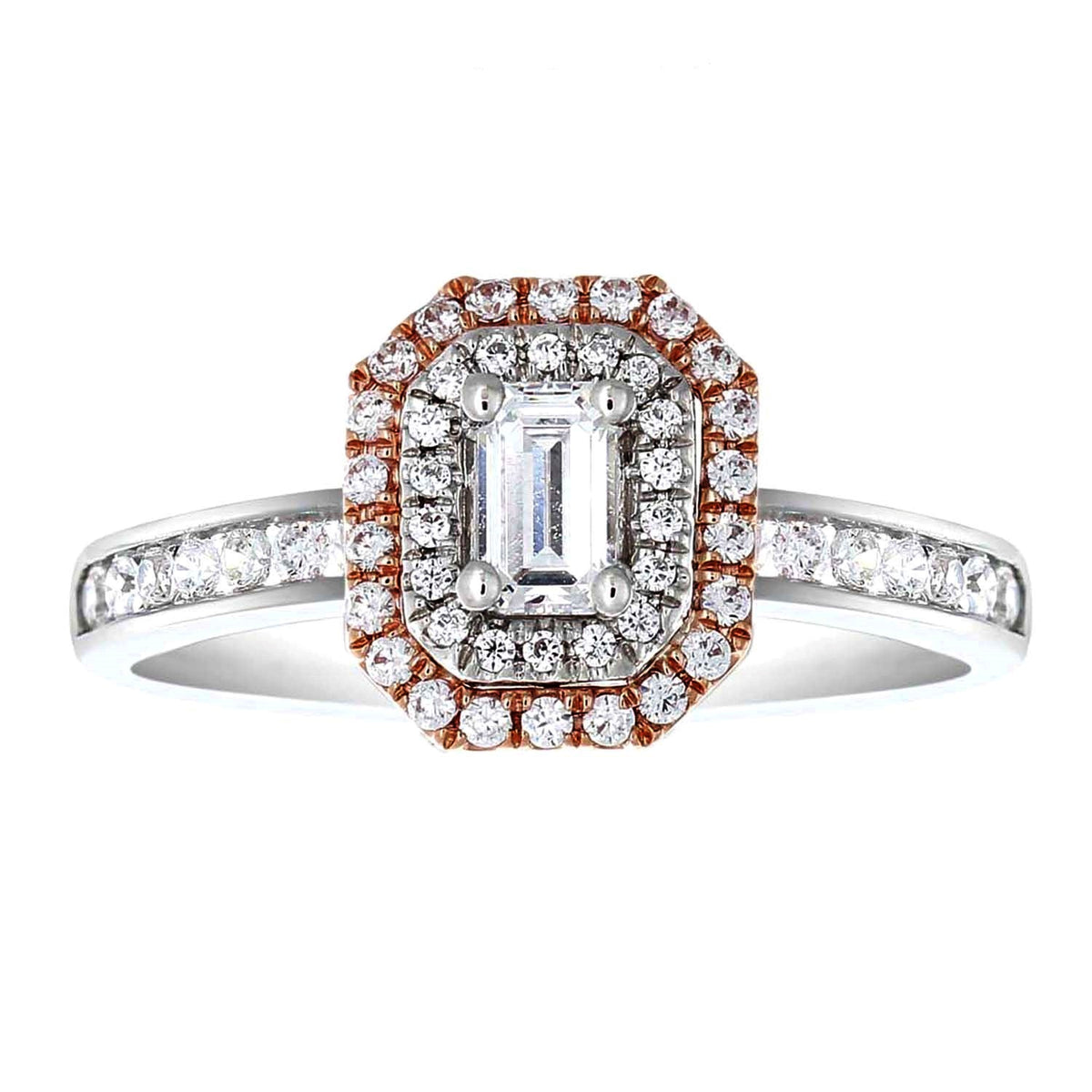 Rose Double Halo Diamond Engagement Ring made in 14k white and Rose gold-Emerald