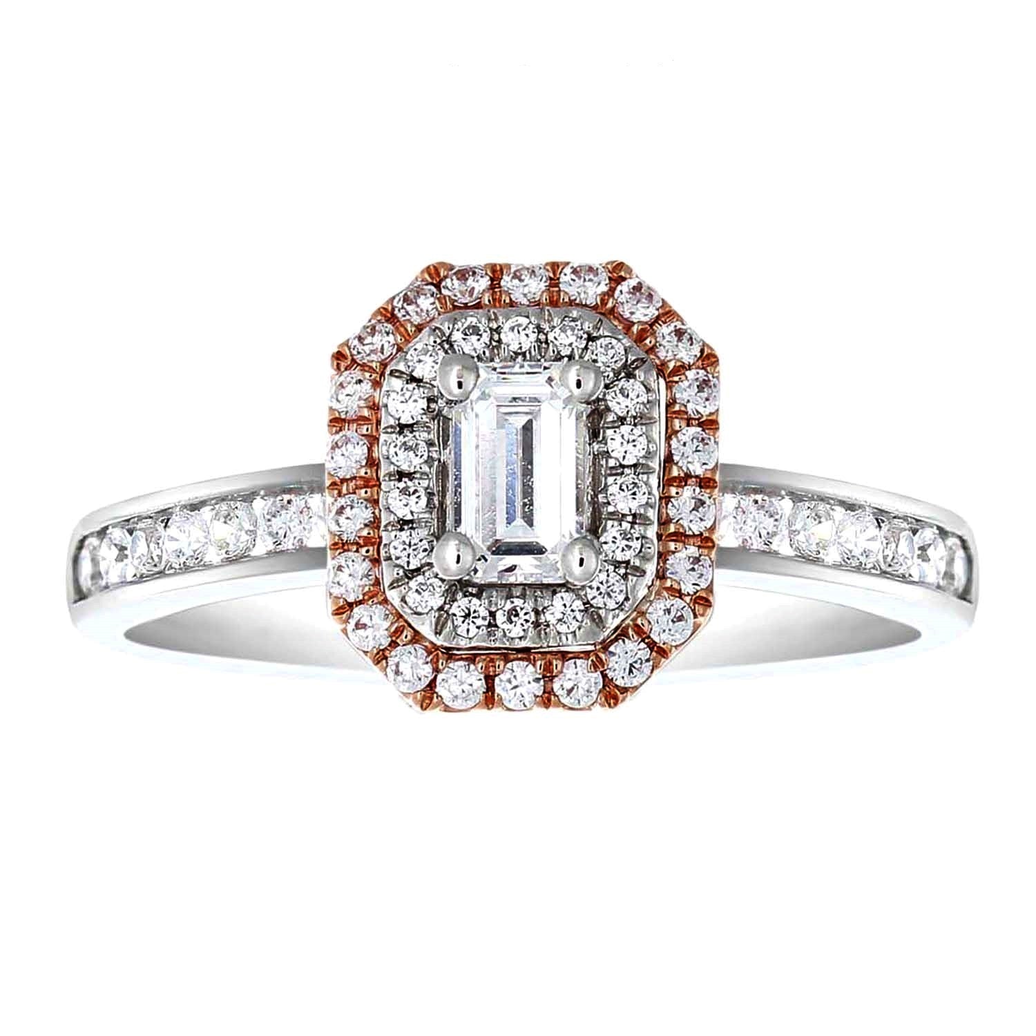 Rose Double Halo Diamond Engagement Ring made in 14k white and Rose gold-Emerald