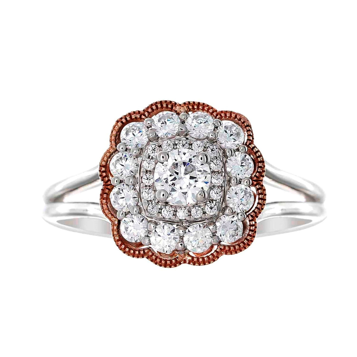 Rose Vintage Halo Diamond Engagement Ring made in 14k White and Rose gold-Princess