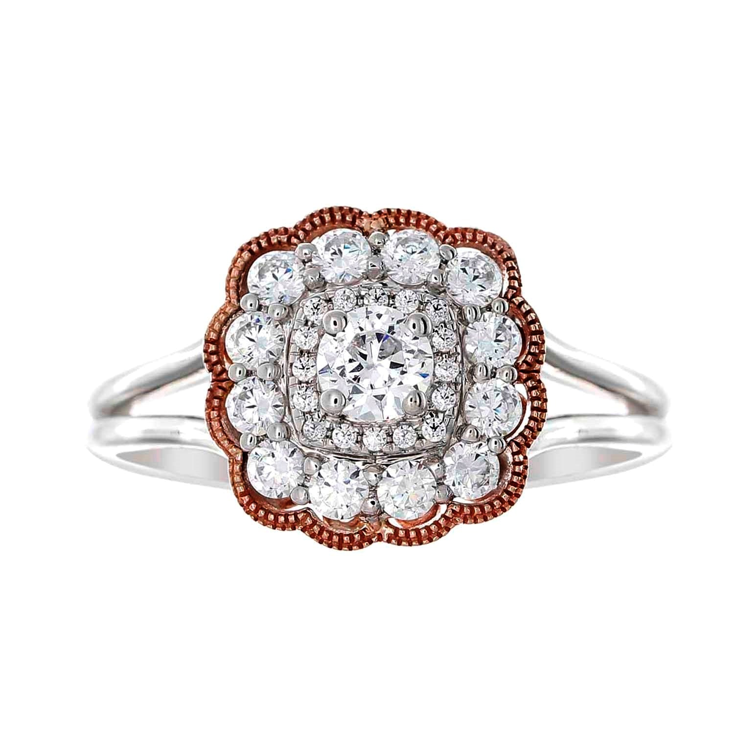 Rose Vintage Halo Diamond Engagement Ring made in 14k White and Rose gold-Princess