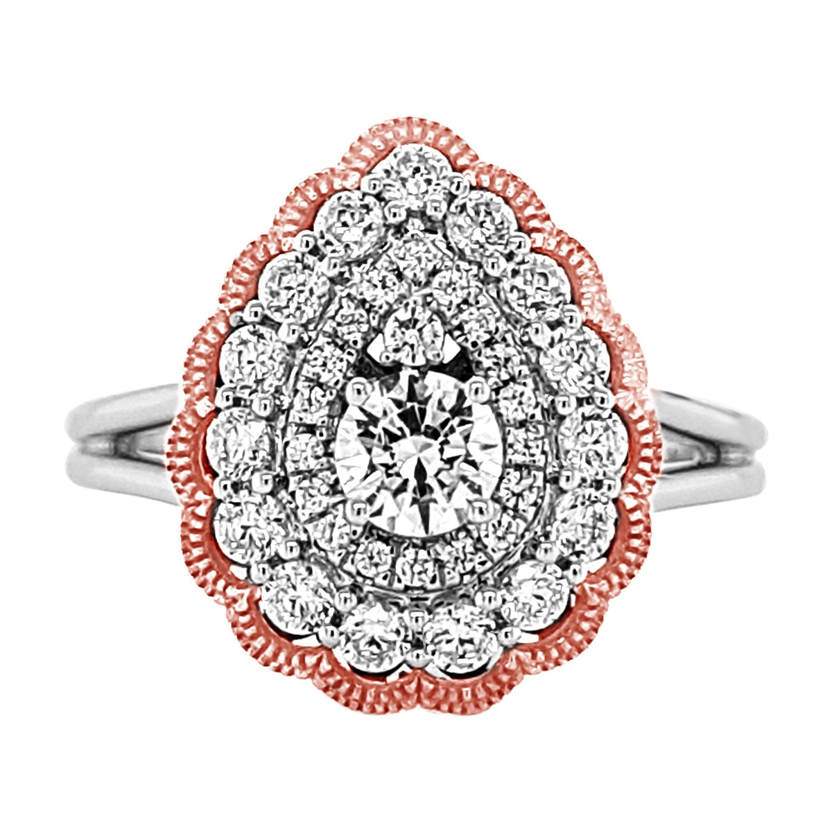 Rose Vintage Halo Diamond Engagement Ring made in 14k White and Rose gold-Pear