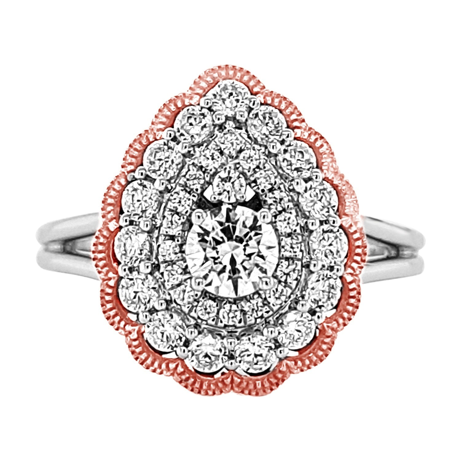 Rose Vintage Halo Diamond Engagement Ring made in 14k White and Rose gold-Pear