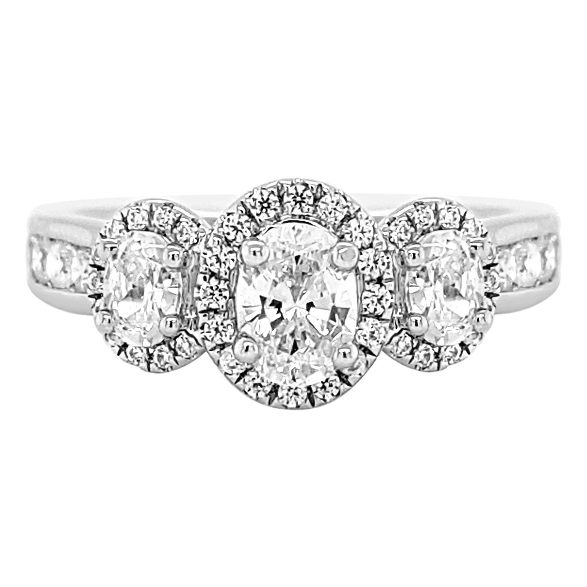 Three Stone Halo Channel Shank Diamond Engagement Ring made in 14k White gold-Oval