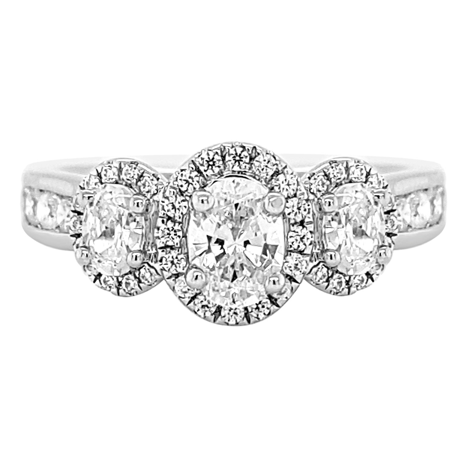 Three Stone Halo Channel Shank Diamond Engagement Ring made in 14k White gold-Oval