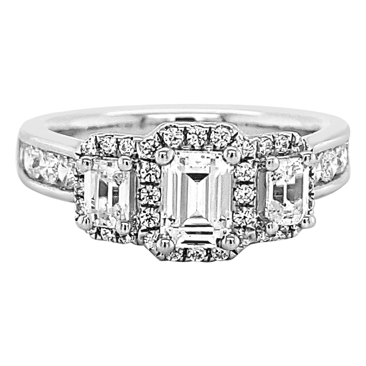 Three Stone Halo Channel Shank Diamond Engagement Ring made in 14k White gold-Emerald