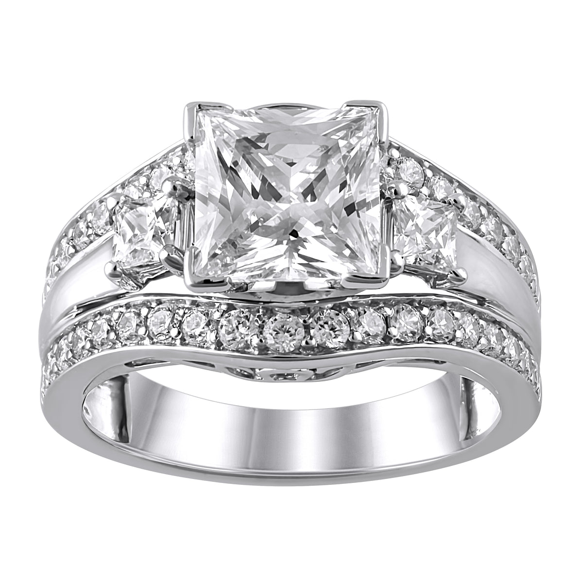 Diamond Semi-Mount Ring made in 14k White gold with Princess Cubic Zirconia Center