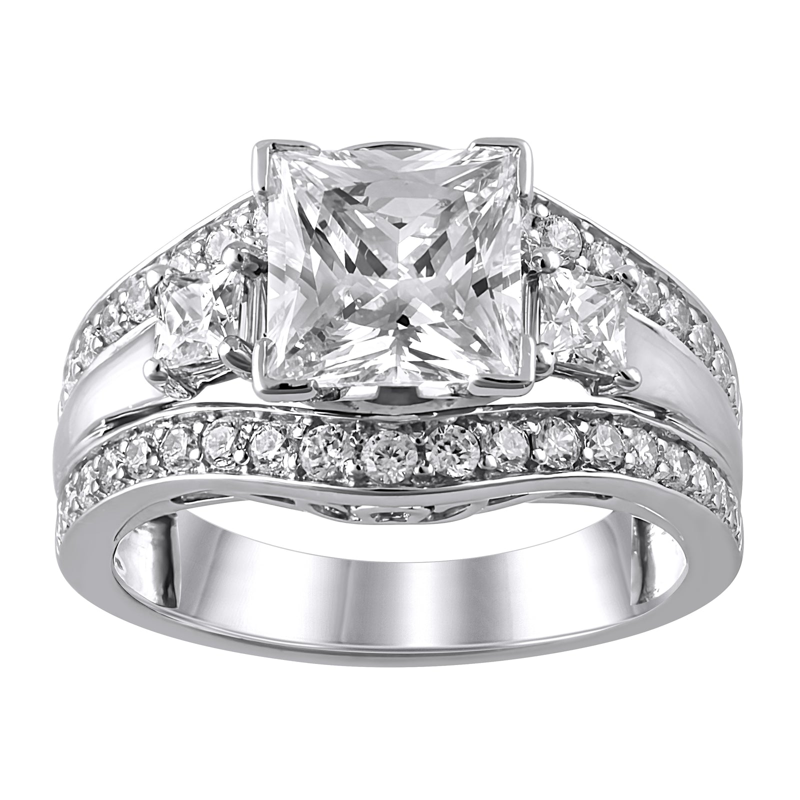 Diamond Semi-Mount Ring made in 14k White gold with Princess Cubic Zirconia Center