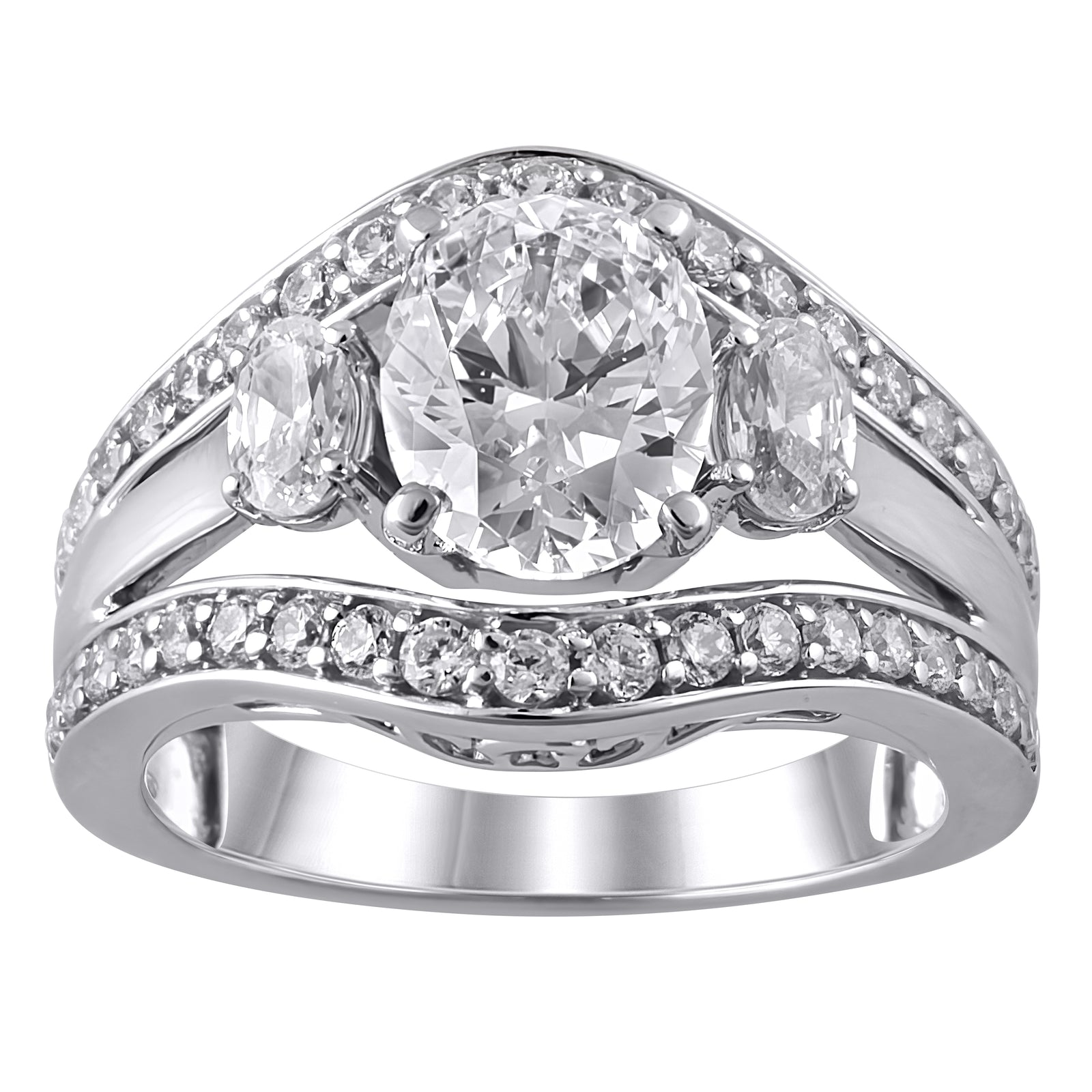 Diamond Semi-Mount Ring made in 14k White gold with Oval Cubic Zirconia Center