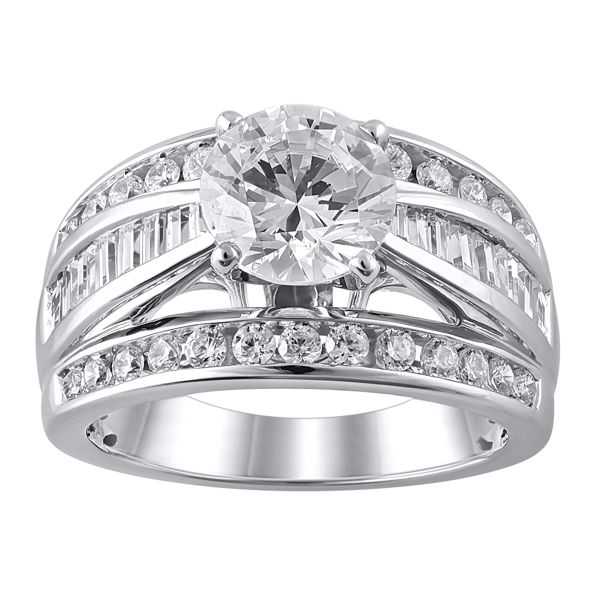 Round and Baguette Diamond Semi Mount Ring made in 14k White gold with Round Cubic Zirconia Center