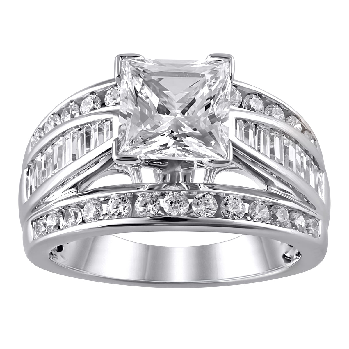 Round and Baguette Diamond Semi Mount Ring made in 14k White gold with Princess Cubic Zirconia Center