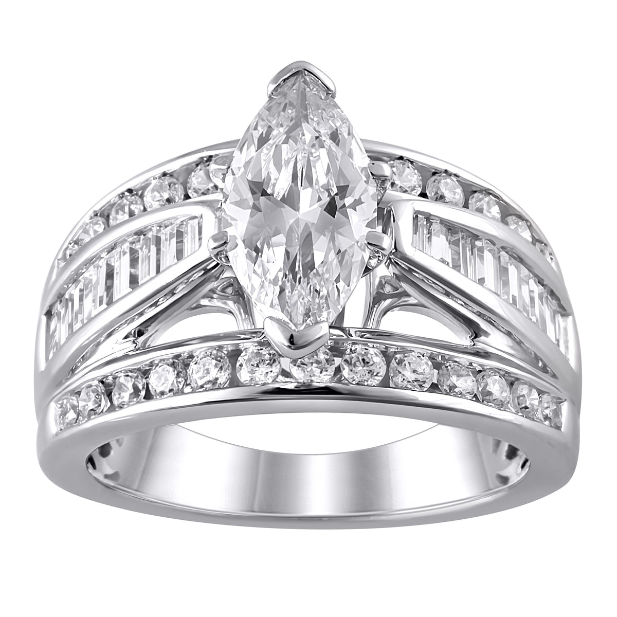 Round and Baguette Diamond Semi Mount Ring made in 14k White gold with Marquise Cubic Zirconia Center