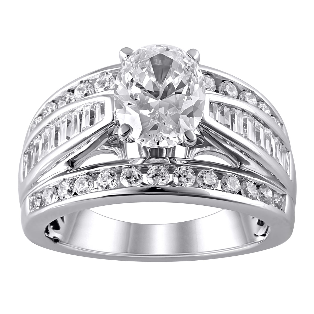 Round and Baguette Diamond Semi Mount Ring made in 14k White gold with Oval Cubic Zirconia Center