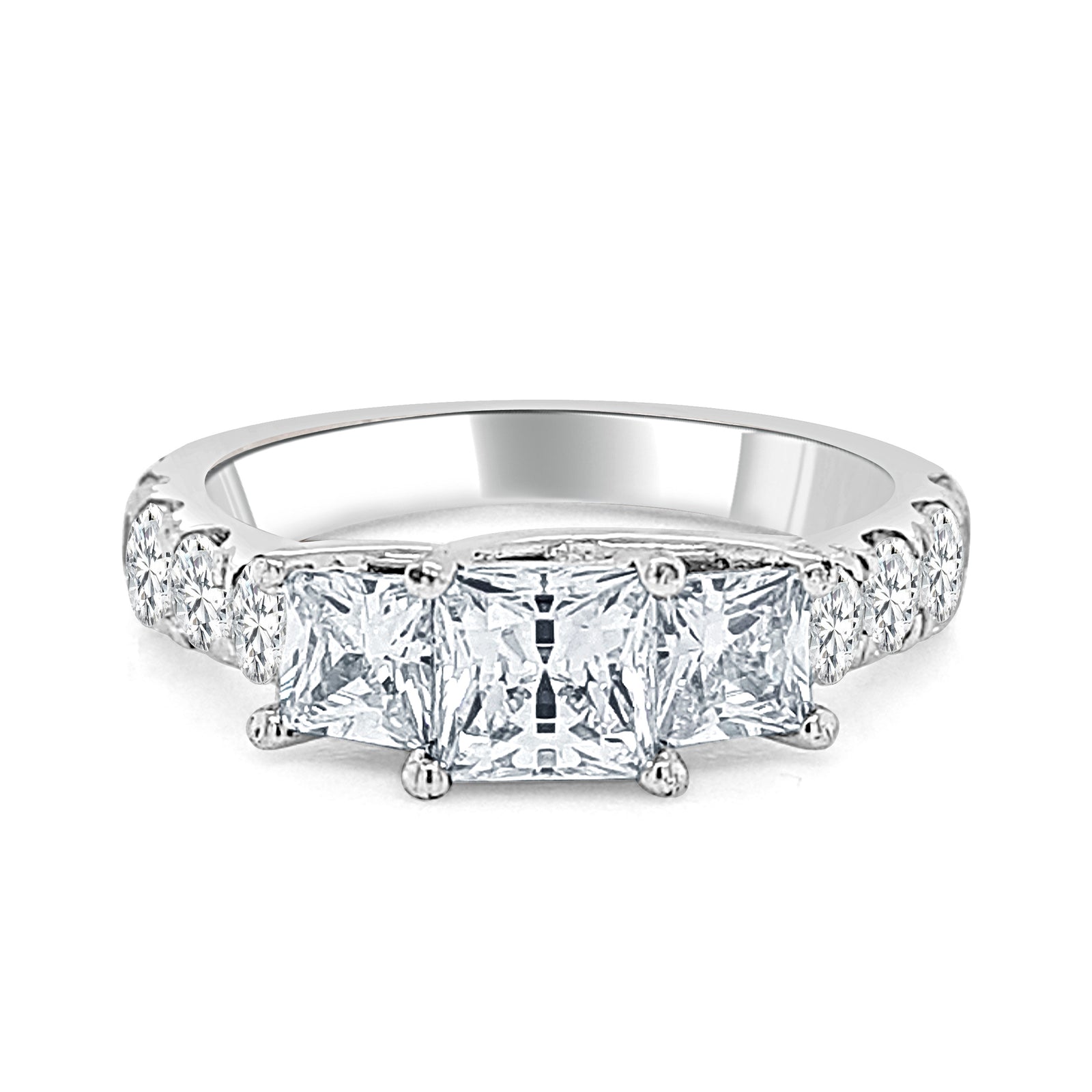 Three Stone Fancy Prong Set Diamond Engagement Ring made in 14k White gold-Princess
