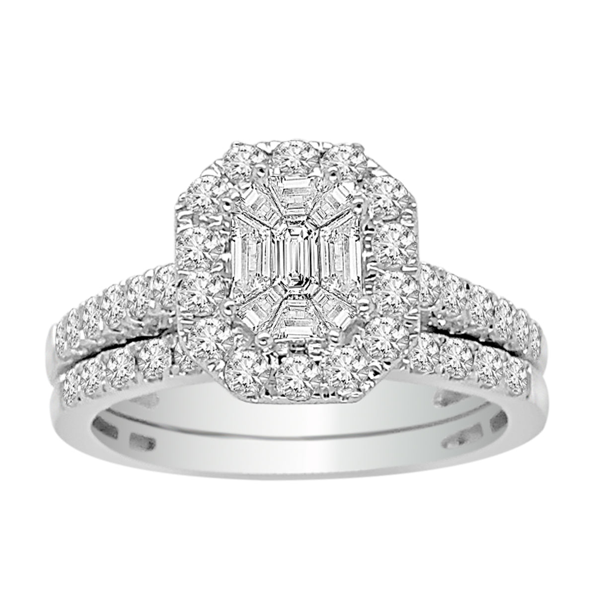 Fashion Halo Bridal Diamond Ring with Matching Band made in 18k White gold (Total diamond weight 1 carat)