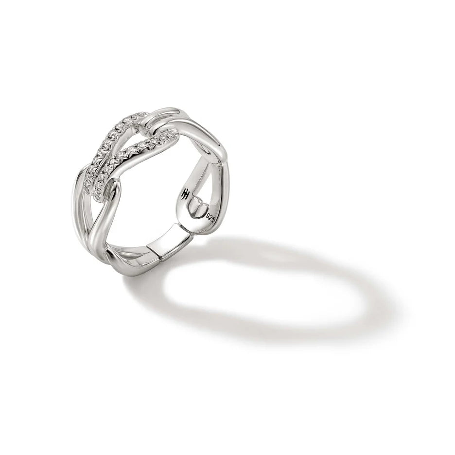 Surf Link Ring, Silver, Diamonds, Wide by John Hardy