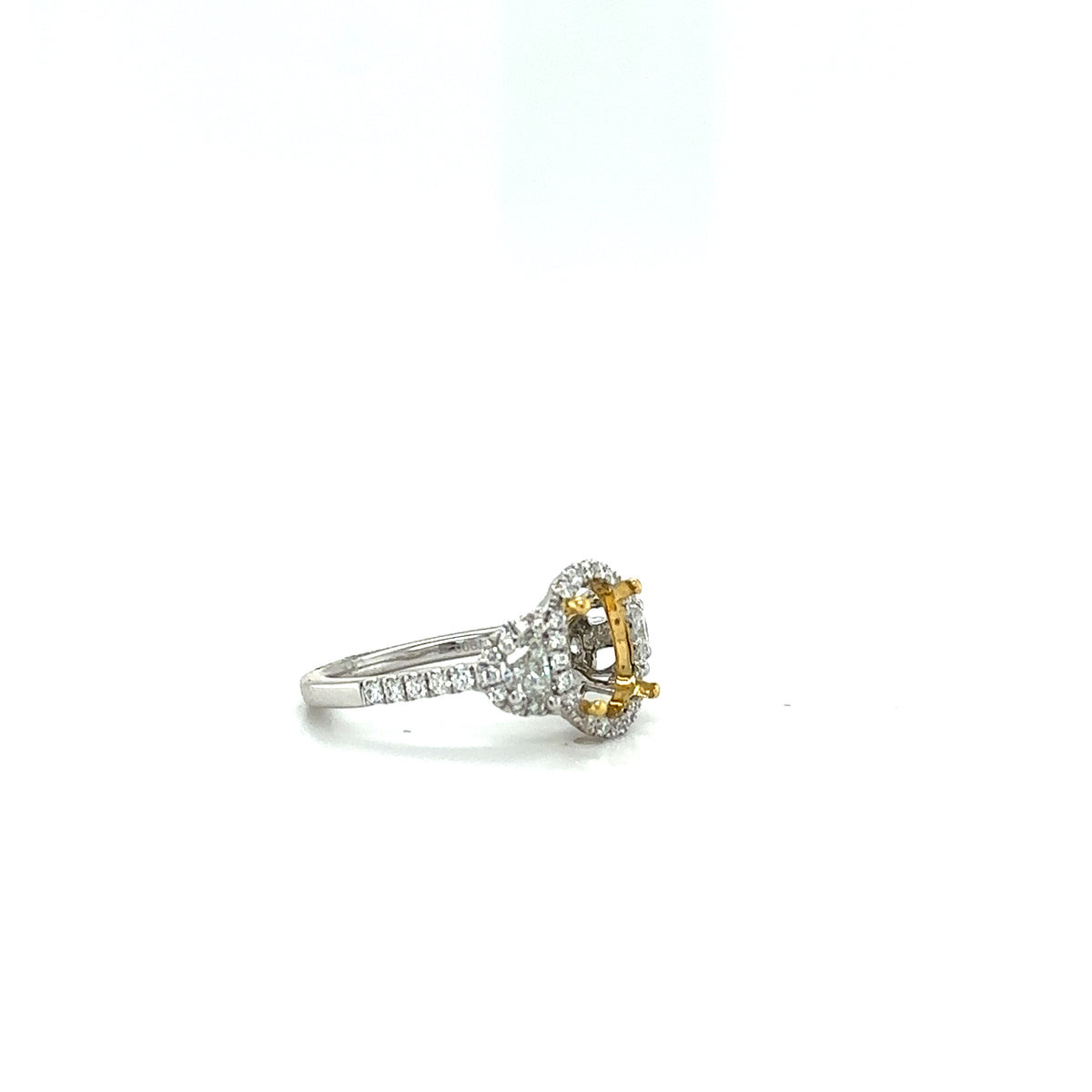 Three Stone Diamond Semi-Mount Halo Setting With Half Moon Side Diamonds In Platinum D-1.05Ct Sm