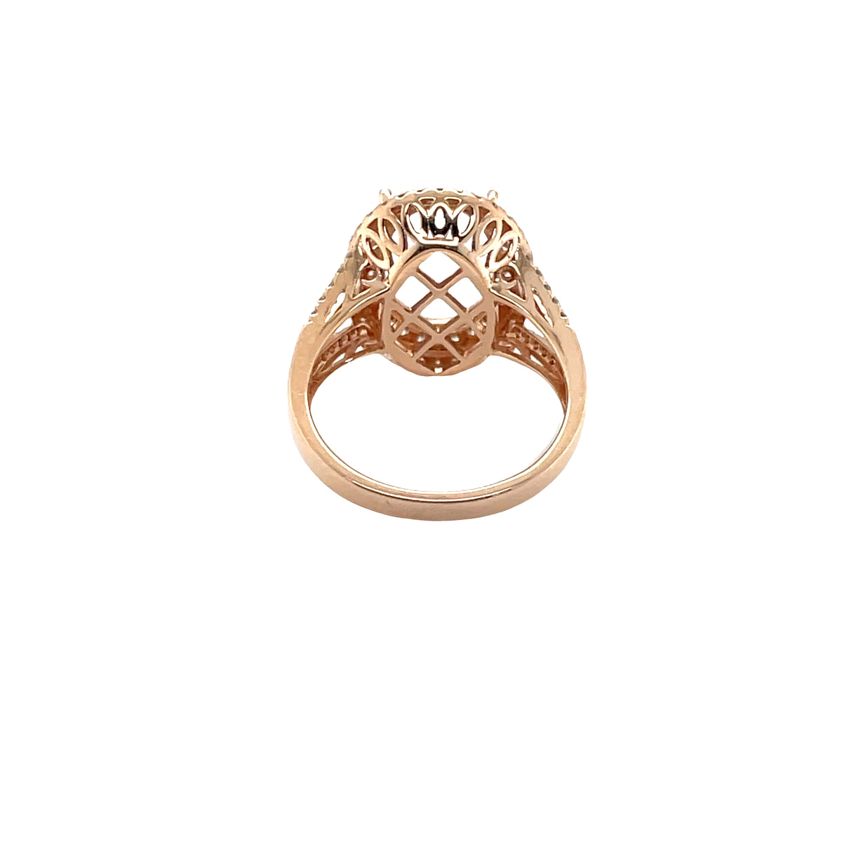 Double Halo Diamond Semi-Mount With Three Row Split Shank, 14K Rose Gold With 1.00 Carat Round Diamonds.