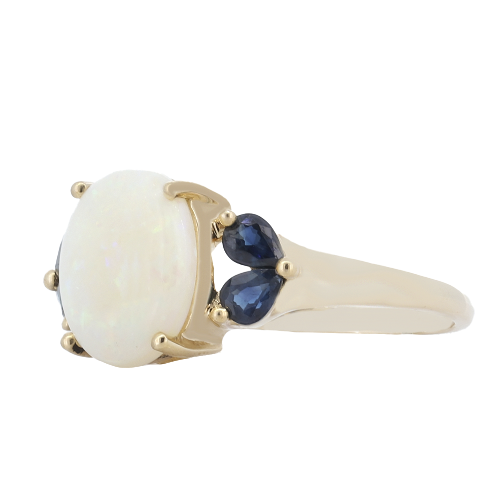 14K Yellow Gold Cabachon 12mmx10mm Opal Ring With 0.40 Carat Sapphires