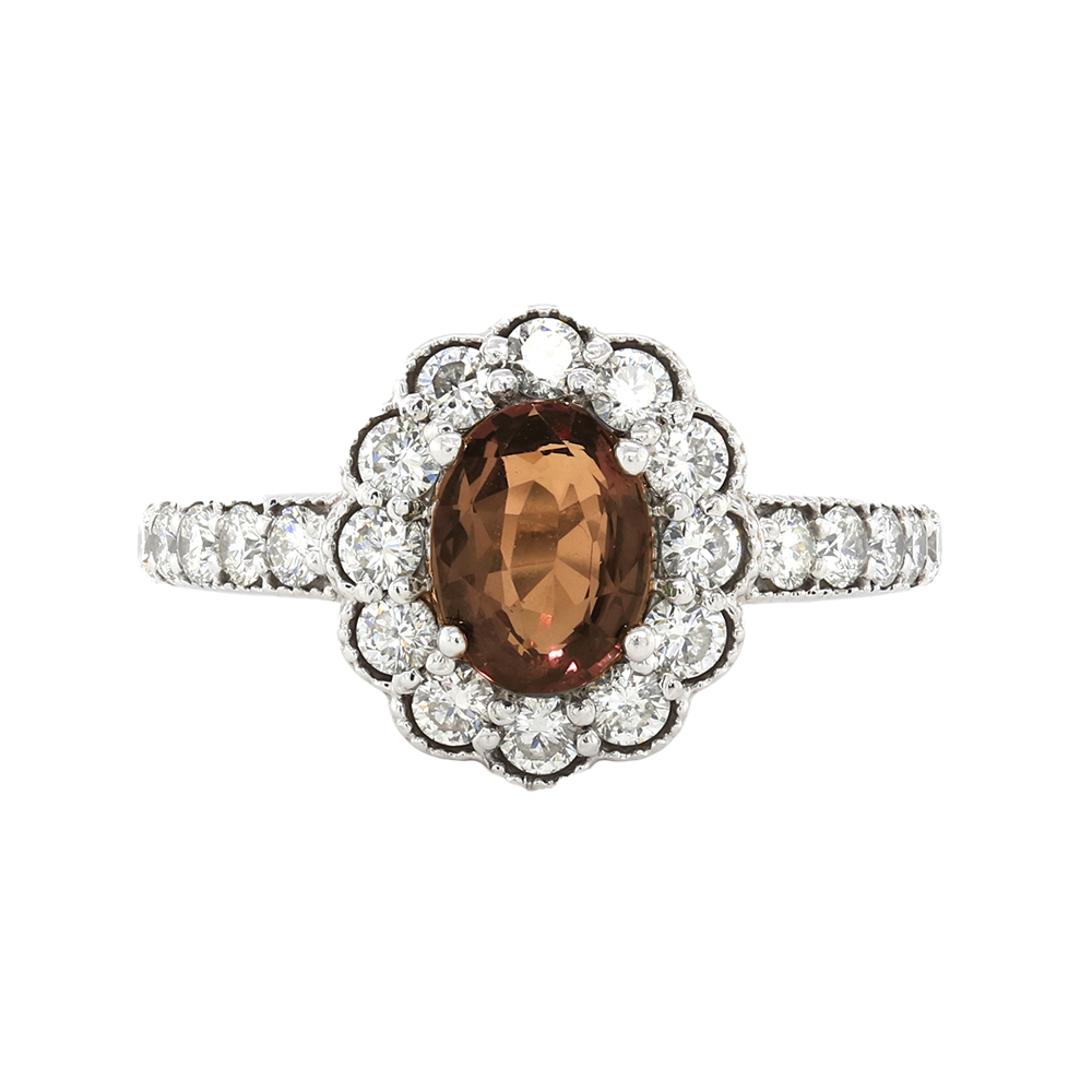 Natural Alexandrite Ring With Diamond Halo And Accent Diamonds In 14Kt White Gold Milgrain