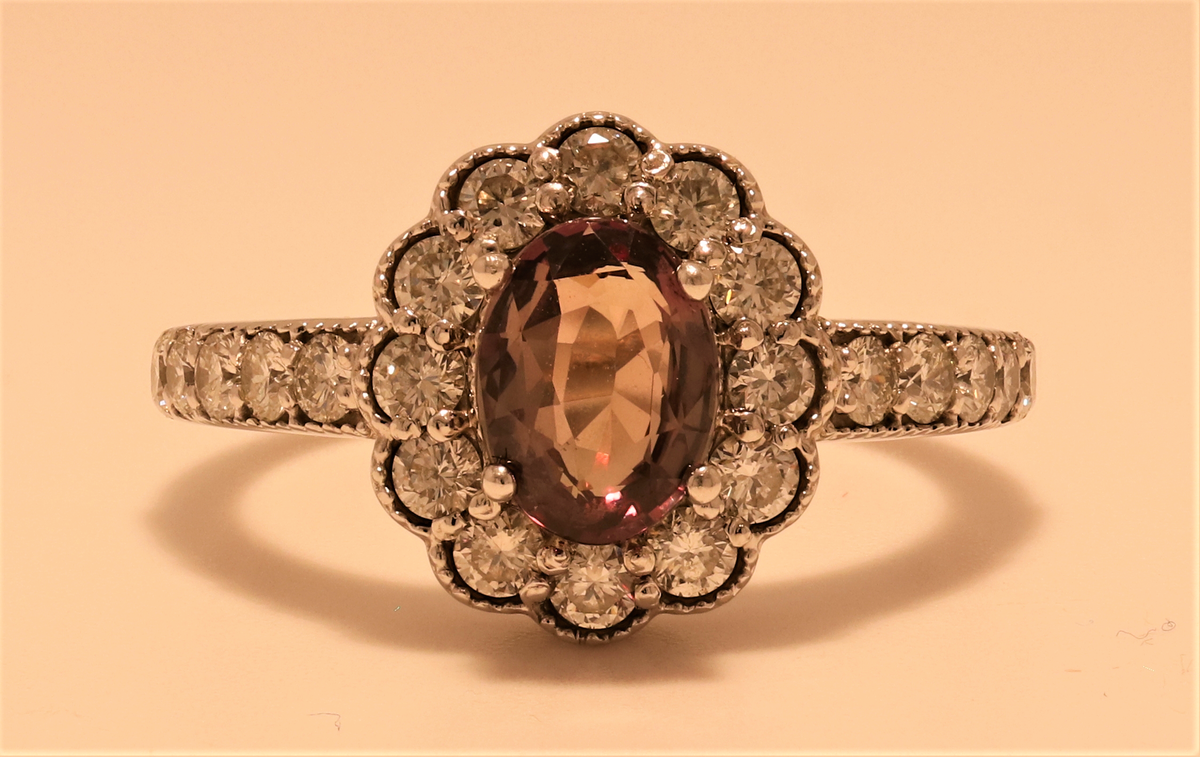 Natural Alexandrite Ring With Diamond Halo And Accent Diamonds In 14Kt White Gold Milgrain