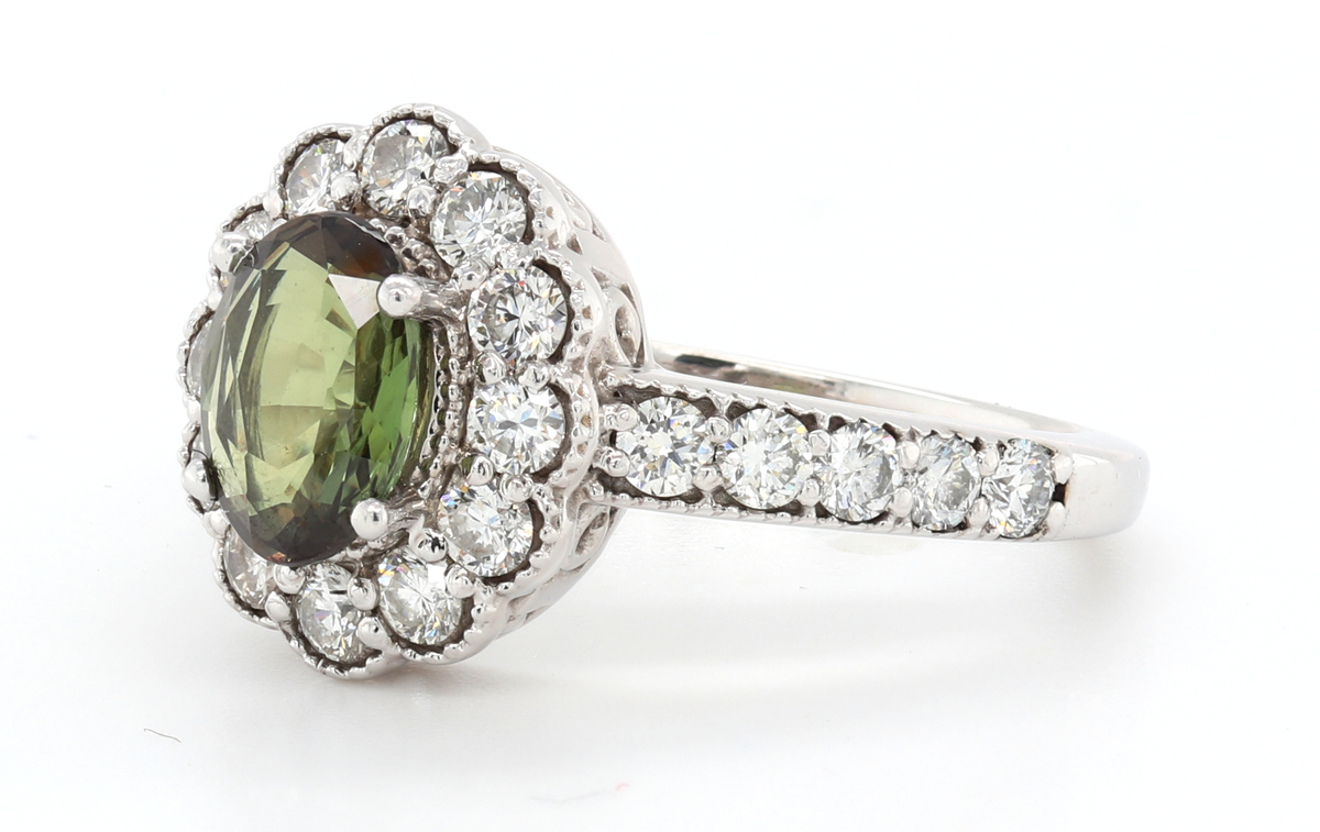 Natural Alexandrite Ring With Diamond Halo And Accent Diamonds In 14Kt White Gold Milgrain