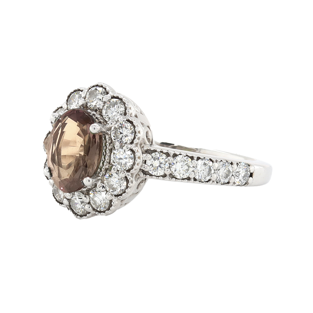 Natural Alexandrite Ring With Diamond Halo And Accent Diamonds In 14Kt White Gold Milgrain