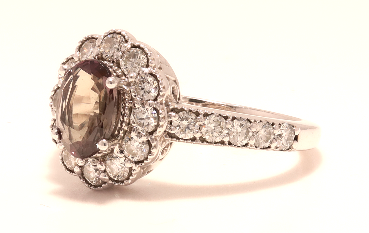 Natural Alexandrite Ring With Diamond Halo And Accent Diamonds In 14Kt White Gold Milgrain