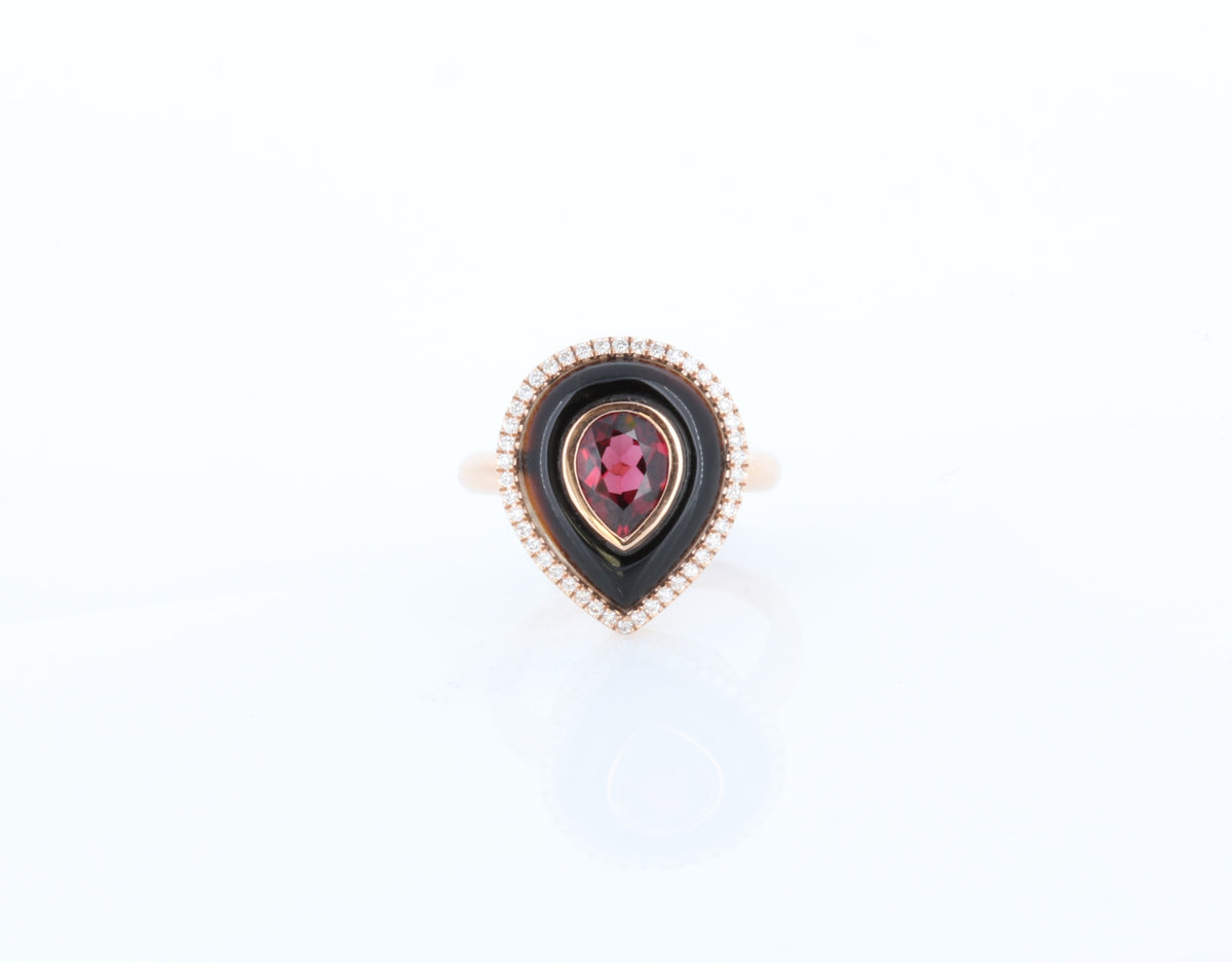 14K Rose Gold Inlay Onyx Ring With Bezel Set Garnet