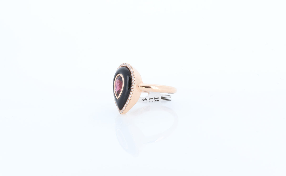 14K Rose Gold Inlay Onyx Ring With Bezel Set Garnet