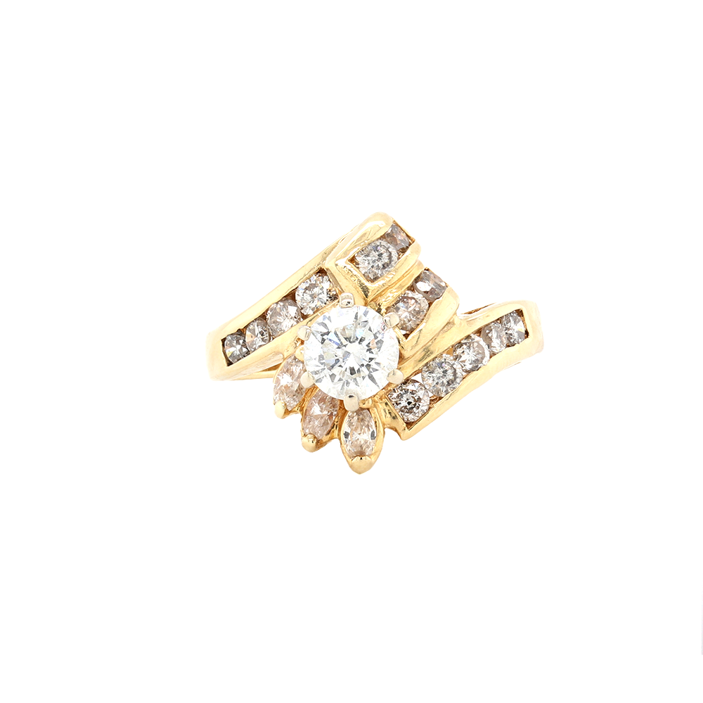 SOLITAIRE DIAMOND RING WITH ROUND Center DIAMOND, PRONG MARQUISE SETTING WITH CHANNEL SET ROUND DIAMOND SETTING IN 14K YELLOW GOLD