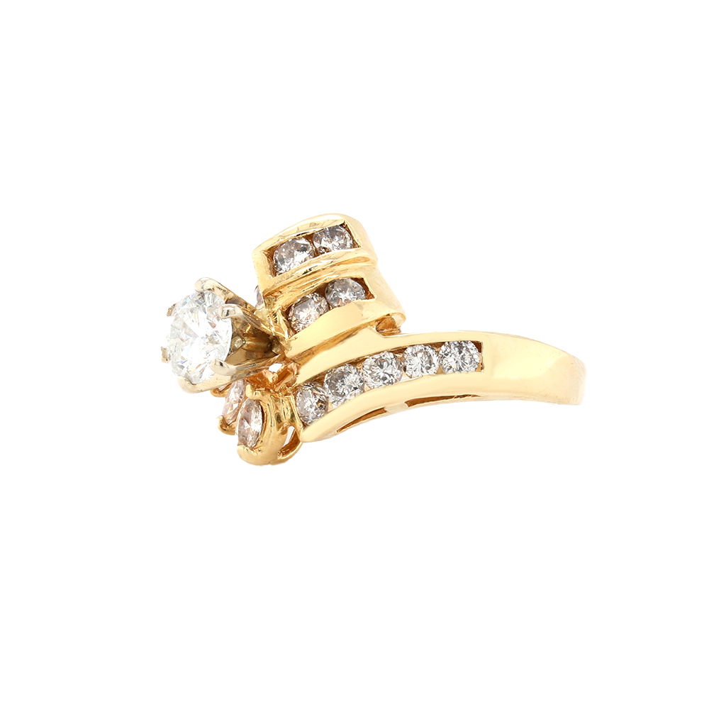 SOLITAIRE DIAMOND RING WITH ROUND Center DIAMOND, PRONG MARQUISE SETTING WITH CHANNEL SET ROUND DIAMOND SETTING IN 14K YELLOW GOLD