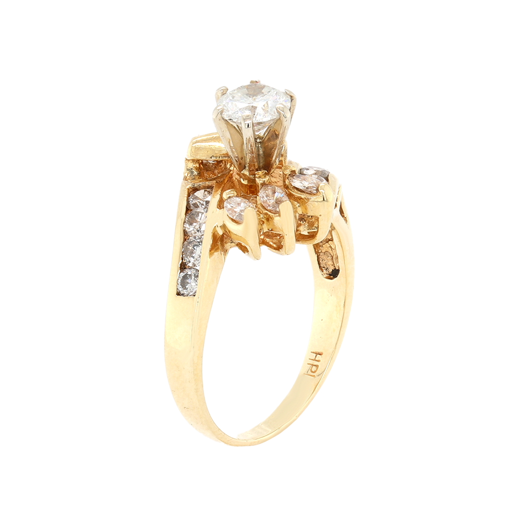 SOLITAIRE DIAMOND RING WITH ROUND Center DIAMOND, PRONG MARQUISE SETTING WITH CHANNEL SET ROUND DIAMOND SETTING IN 14K YELLOW GOLD