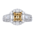 18K Two Tone Cushion Halo And Accent Side Diamond Semi-Mount With Round And Baguette Diamonds, 0.77Ct Round Diamond,  0.17 Ct Baguette Diamonds