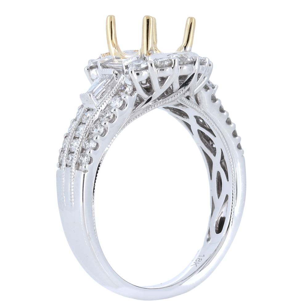 18K Two Tone Cushion Halo And Accent Side Diamond Semi-Mount With Round And Baguette Diamonds, 0.77Ct Round Diamond,  0.17 Ct Baguette Diamonds