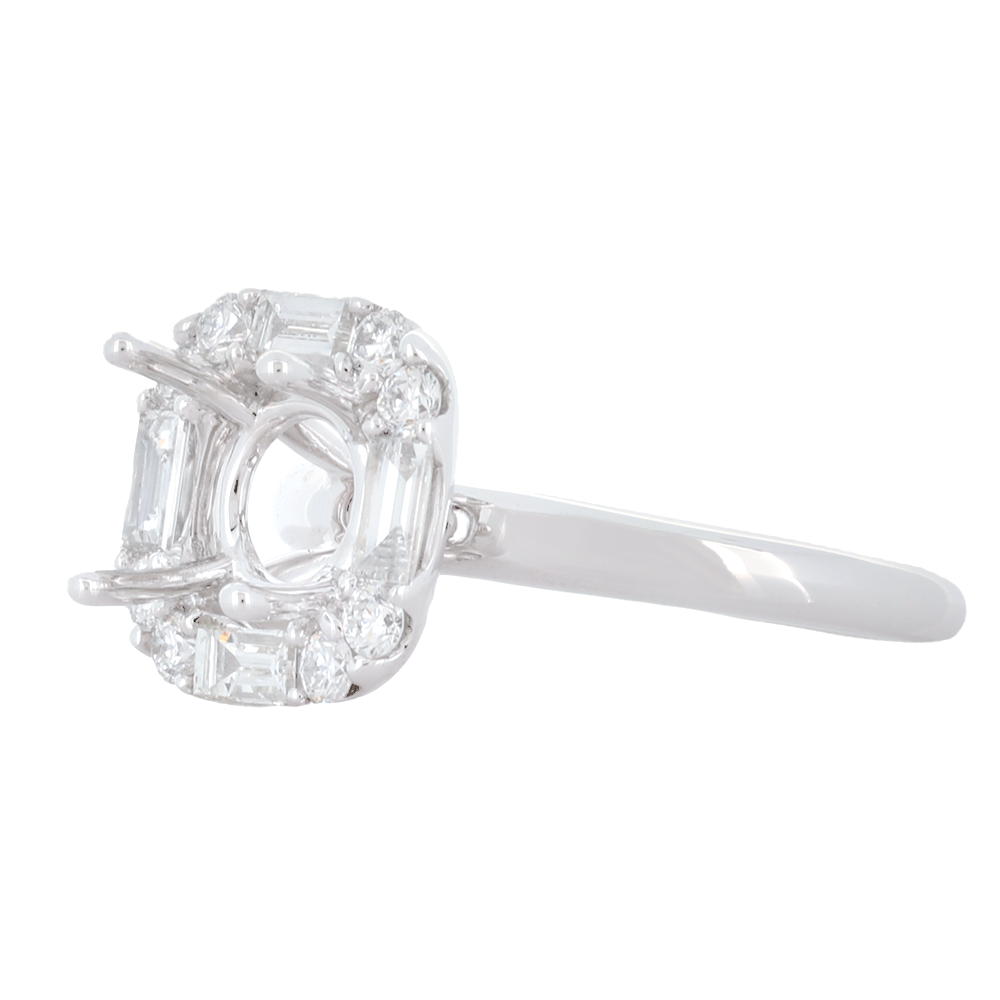 18K White Gold Round Basket Semi-Mount With Cushion Halo Diamonds Featuring Round And Baguette Diamonds With 0.48Ct Baguette Diamonds, 0.51Ct Round Diamonds.