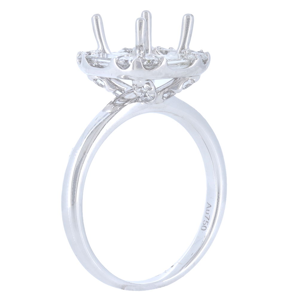 18K White Gold Round Basket Semi-Mount With Cushion Halo Diamonds Featuring Round And Baguette Diamonds With 0.48Ct Baguette Diamonds, 0.51Ct Round Diamonds.