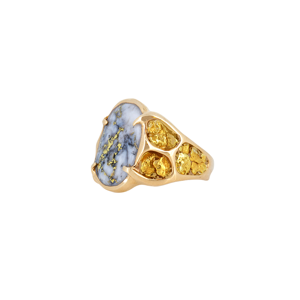 Men&#39;s Ring with Natural Gold Quartz &amp; Nuggets in Oval Shape - 14K Yellow Gold