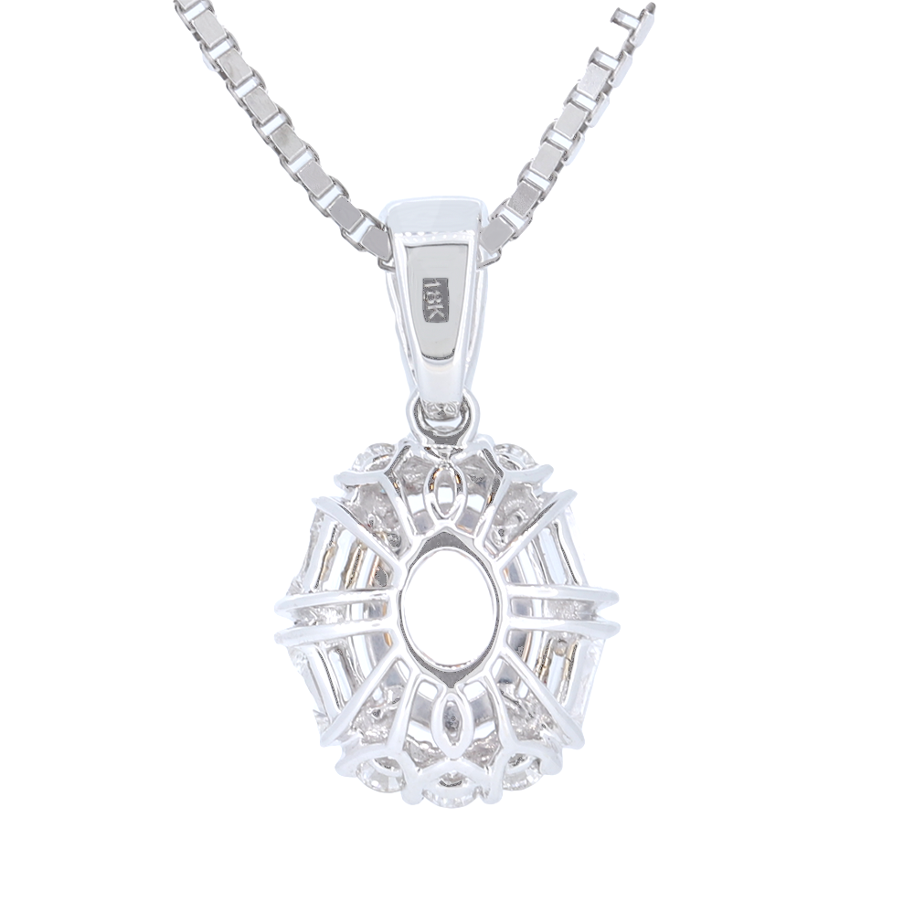 18K Two-Tone Oval Halo Semi-Mount Pendant With Round And Baguette Diamonds And Diamond Accent Bail With 0.18Ct Baguette Diamonds And 0.23Ct Round Diamonds.
