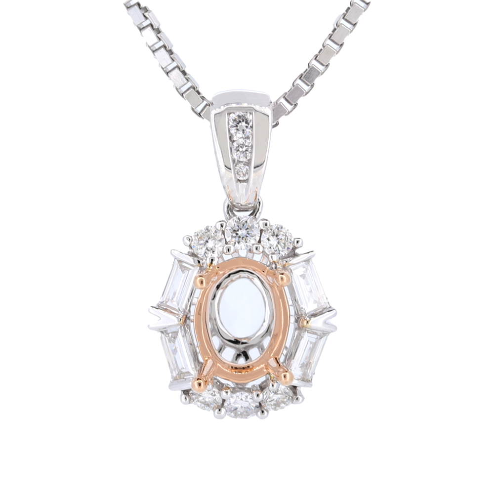 18K Two-Tone Oval Halo Semi-Mount Pendant With Round And Baguette Diamonds And Diamond Accent Bail With 0.18Ct Baguette Diamonds And 0.23Ct Round Diamonds.