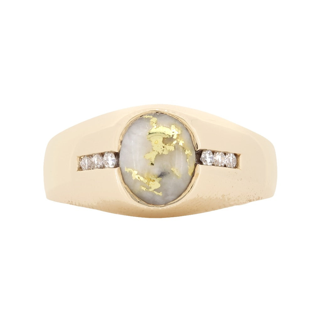 14K Yellow Gold Quartz  Men's Oval Bezel Set Ring With 0.18Ct Diamonds