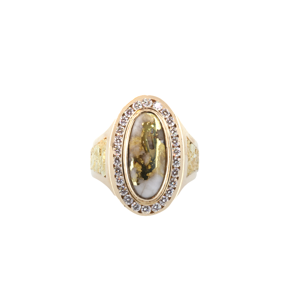 14K Yellow Elongated Oval Gold Quartz & Gold Nuggets Ring With 0.72Ct Diamonds