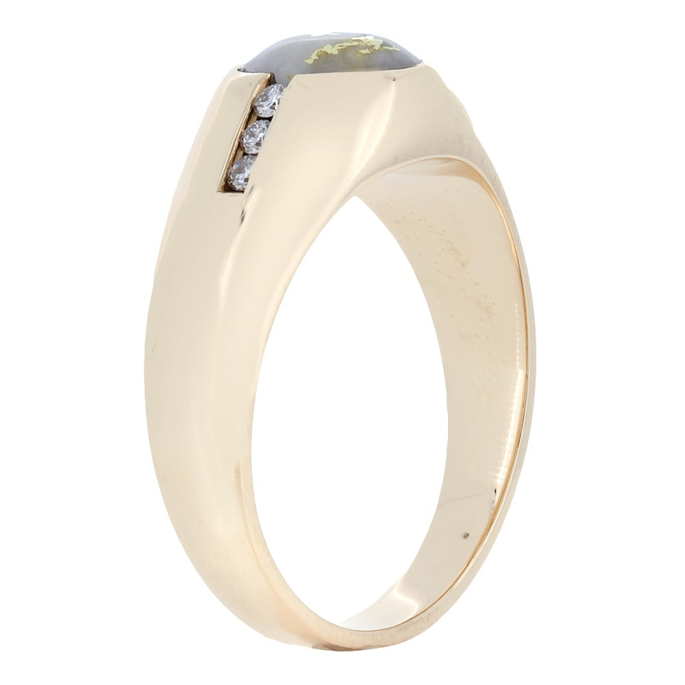 14K Yellow Gold Quartz  Men&#39;s Oval Bezel Set Ring With 0.18Ct Diamonds