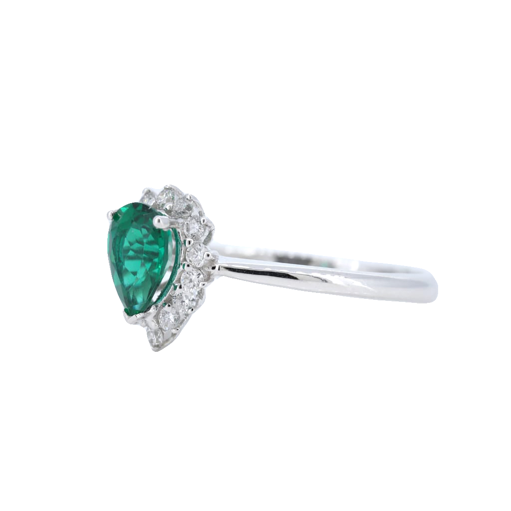 Pear Shaped  Emerald with Diamond Ring in 14kt White Gold