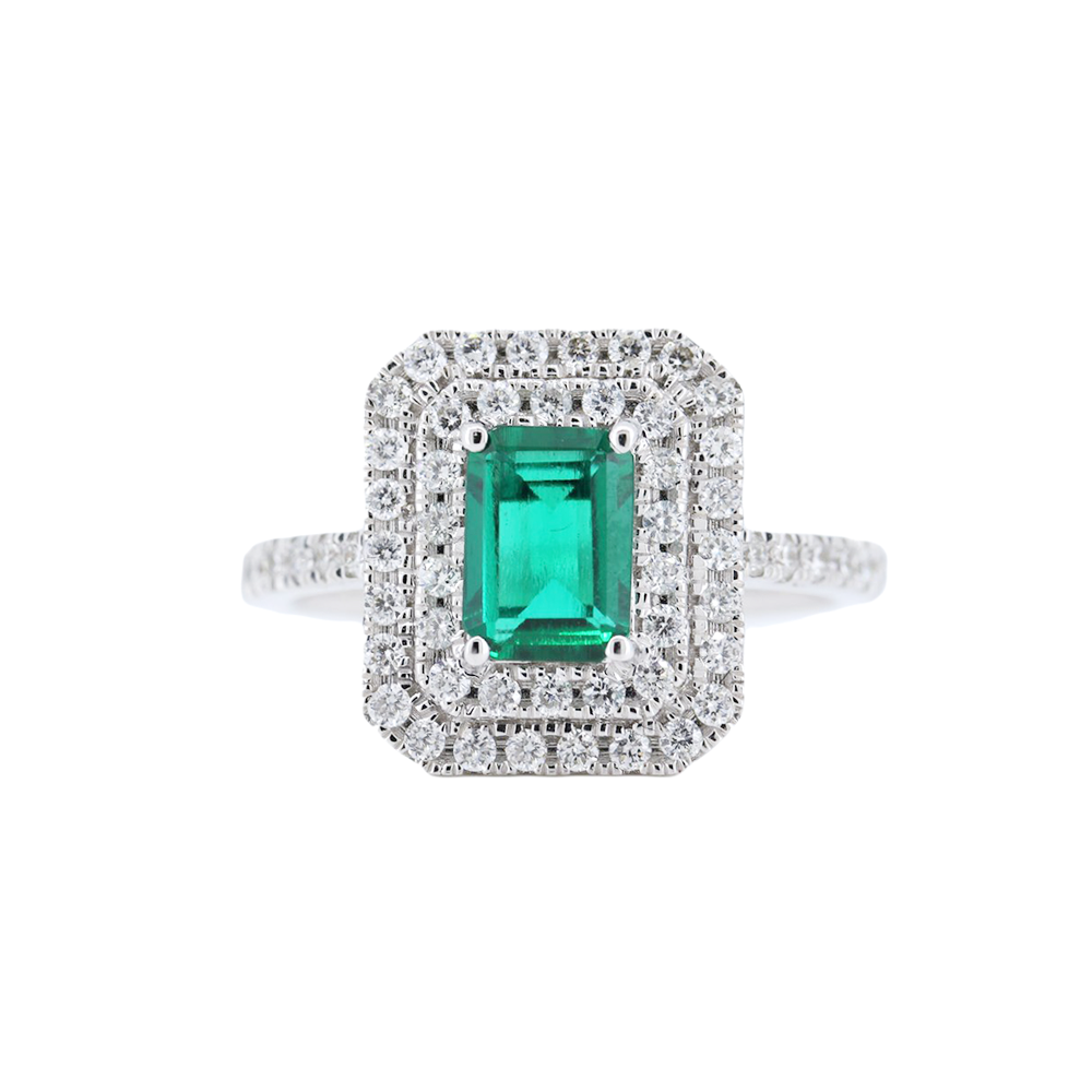 Cushion Emerald with 2 rows of Diamond Halo 14kt White Gold Ring