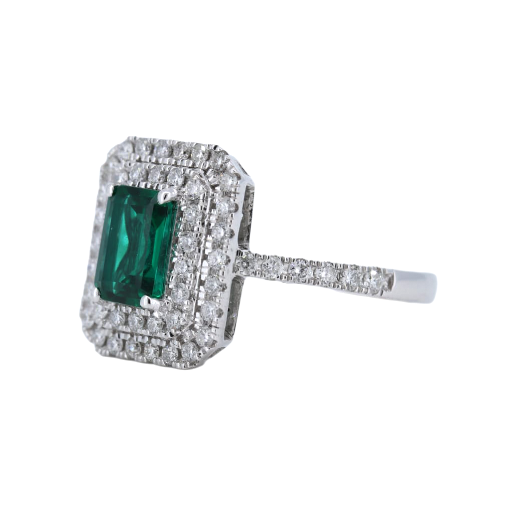 Cushion Emerald with 2 rows of Diamond Halo 14kt White Gold Ring
